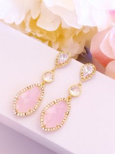 Glamorous Pink Bridal Earrings For Wedding, Glamorous Pink Bridal Earrings, Gold Bridal Earrings With Elegant Design For Wedding, Pink Glamorous Wedding Jewelry, Glamorous Pink Wedding Jewelry, Elegant Pink Jewelry For Wedding, Pink Teardrop Jewelry For Wedding, Pink Elegant Jewelry For Wedding, Gold Earrings For Bridal Shower