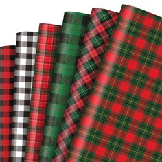 four different plaid patterns are shown in red, green and black