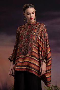 Shop for Rajdeep Ranawat Brown Silk Draped Tunic for Women Online at Aza Fashions Rajdeep Ranawat, Kurta And Palazzo, Brown Tunic, Mirror Embroidery, Tunics Online, Palazzo Set, Pants Fit, Poncho Style, Brown Silk