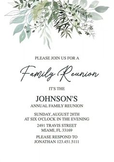 a wedding reception card with greenery on it