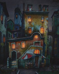 a painting of an old building at night