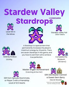 the stardew valley info sheet is shown in purple and blue colors, with different items