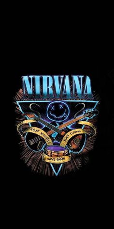 the nirvana band logo on a black shirt with blue and yellow lights in the background