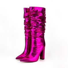 Shop Magenta Snake Printed Metallic Knee High Boots Slouch Chunky Heel Boots color Magenta for Dancing Club, Date, Going out, Party with worldwide Free shipping & Free return. Metallic Knee High Boots, Pointy Boots, Dancing Club, Chunky Heel Boots, Silver Boots, Boots Heel, Color Magenta, Chunky Heels Boots, Thick Heel