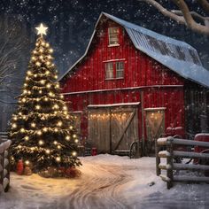 a christmas tree in front of a red barn