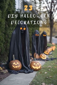 halloween decorations with pumpkins and ghost heads