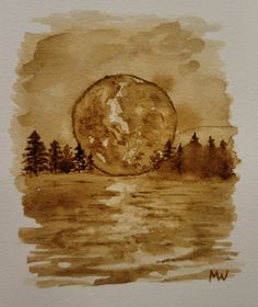 a watercolor painting of a full moon rising over a lake with trees in the background