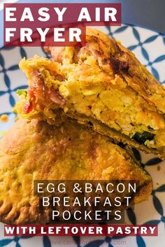 egg and bacon breakfast pockets with leftover pastry on a blue and white checkered plate