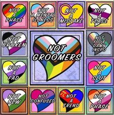 a bunch of different colored hearts with the words not grooners written on them