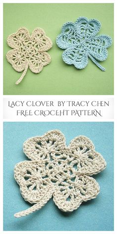 three crocheted clovers are shown in two different colors and one is white