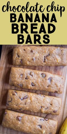 chocolate chip banana bread bars on a wooden cutting board with bananas in the background and text overlay