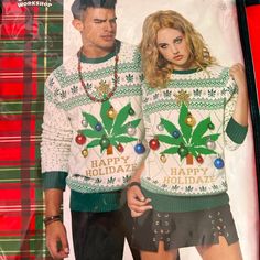 a man and woman in ugly ugly sweaters standing next to each other with christmas decorations on them