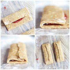 four different views of some food that is on a table and in the process of being made