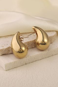 Material: 18K Gold Plated Stainless Steel Style: Water Drop Earrings Closing: Push Back Post Length: 1.4" Width: 1.1" Women Earrings Gold, Jewelry Accessories Aesthetic, Silver Elegant Earrings, Earring Aesthetic, Jewelry Content, Water Drop Earrings, Gold Plated Jewellery, Party Earrings, Gold Earrings Designs