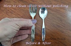 a person is holding two forks and spoons with the words how to clean silver without polishing before and after