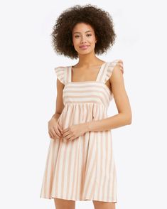 Maddie Babydoll Dress in Camel Cabana Stripe – Draper James Sleeveless Chambray, Magnolia Dress, Beachy Dresses, Lace A Line Dress, Circle Dress, Drawstring Dresses, Draper James, Long Sleeve Shift Dress, Warm Spring