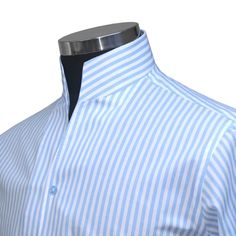 "Men's High Open V Collar Blue & White Standing Stripes, Vertical Stripes, Downward Stripes 100% Cotton Long Sleeves Dress Shirt MADE-TO-ORDER CLOTHES Shirt Style: Karl Lagerfeld Style/ High Chinese Mandarin Collar/ High Open V Collar Collar Style: 3\" High Stiff Buttonless Collar Pockets: Without pocket (Chest pocket can be added on request) Fabric: 100% Giza cotton soft & comfortable fabric Sleeves: Full Sleeves/ Long Sleeves Fine stitched (20-21 stitches per inch) Cleanly finished buttonholes Flat Felled Seams Hand cut and sewed individually High-quality tailoring Savile Row / British style collar Cuff: 4\" wide single cuff, with 3 buttons These shirts are made with a single cuff. For the double cuff, please leave us a message. * The shirts are made on order in our family-run workshop. Karl Lagerfeld Style, Karl Lagerfeld Fashion, Casual Grooms, High Collar Shirts, Bespoke Shirts, Open Collar Shirt, Long Sleeve Cotton Dress, Fashion Suits For Men, African Men Fashion