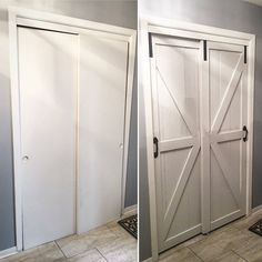 two pictures of the same door in different stages of being painted white and showing how to paint doors