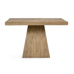 a wooden table with a square top and two small legs on the base, against a white background