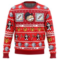 an ugly sweater with monopoly on it and dices in the middle, as if playing video games