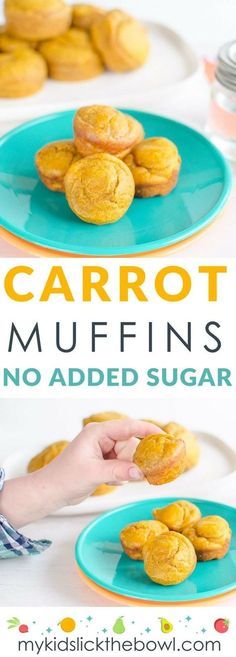 carrot muffins with no added sugar on a blue plate, and in the background there is a hand reaching for one