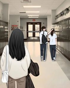 two people are walking through a hallway with lockers