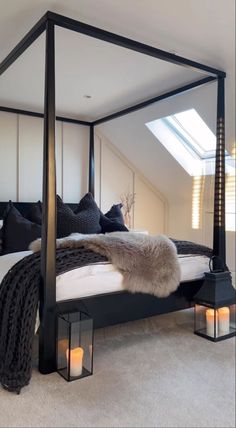 a bedroom with a four poster bed and white carpeted flooring in the room