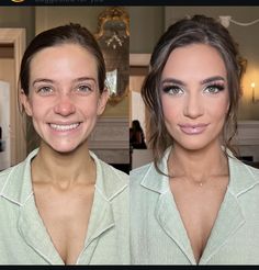 two pictures of a woman with makeup on and one showing the same person's face