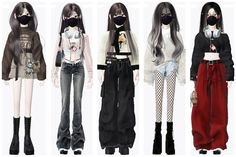 four dolls with black hair and white skin wearing clothes