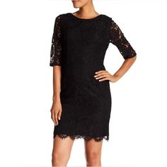 Nwt- Black Lace Dress Crew Neck Elbow Length Sleeves V-Back With Concealed Zip Closure, Lightweight Lace Construction, Partially Lined. Shell: 38% Polyester 31% Viscose 31% Cotton Lining: 100% Polyester Questions? Leave A Comment Below! Formal Sheath Mini Dress With Lace Trim, Black Dress Fit, Black Lace Overlay Dress, Black Lace Cocktail Dress, How To Fold Sleeves, Small Women, Lace Cocktail Dress, White Bodycon, Lace Overlay Dress