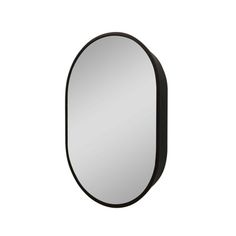 an oval mirror with black frame on a white background, it is isolated against the wall