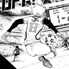 a black and white drawing of a soccer player kicking a ball in front of an audience