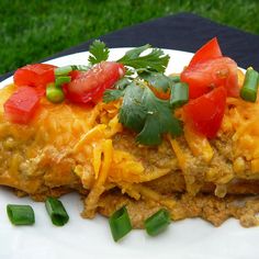 a white plate topped with an enchilada covered in cheese and tomatoes