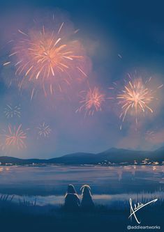 two people are sitting on the grass watching fireworks go off in the sky above them