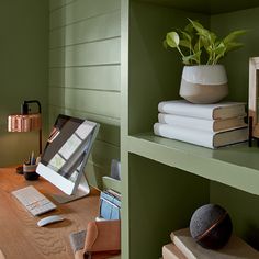 a computer on a desk with books and a potted plant in front of it