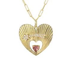 14K Gold Pavé Diamond Shooting Star Fluted Heart Medallion Necklace Wi – Nana Bijou Yellow Gold Heart-cut Charms Necklace, Yellow Gold Heart Cut Charm Necklace, Rubellite Tourmaline, Solid Gold Chains, Jewellery Designer, Medallion Necklace, Shooting Star, Layering Necklace, Shooting Stars