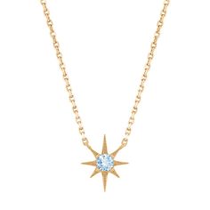 This lovely star pendant measures 5/8 inch in length and is crafted from quality 14 karat yellow gold. This piece hangs from a matching adjustable 20-inch rolo chain and is secured by a lobster clasp. Simply pick your round center gemstone to complete this look. For questions regarding your center stone selection  Live Chat or call an online customer service representative at 1-866-467-4263  or visit one of our store locations. Elegant Birthstone Necklace With Star Of David, Star Shaped Yellow Gold Gemstone Jewelry, Yellow Gold Star Shaped Necklace With Birthstone, Yellow Gold Star Necklace With Birthstone, Star-shaped Yellow Gold Birthstone Necklace, Elegant Star Of David Gemstone Necklace, Celestial Star-shaped Gemstone Necklace, Yellow Gold Star-shaped Gemstone Necklace, Star Sapphire Pendant