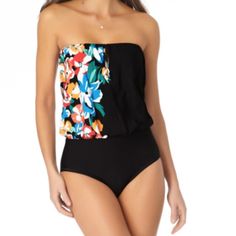 Brand New With Tags Beautiful Black With Floral Accent Ann Cole Bathing Suit. Bandeau Style With Removable Straps. Black Strapless Swimwear For Spring, One Peice Bathing Suits, Tropical Bathing Suits, Easy Tunic, Bandeau Swimwear, Floral Bathing Suits, Ruched Swimsuit, Crochet One Piece, Underwire Tankini Tops