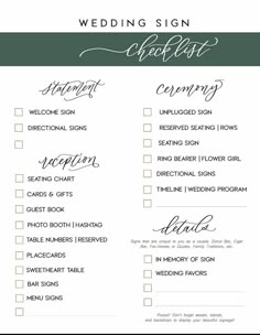 the wedding sign checklist is shown in green and white with handwritten calligraphy