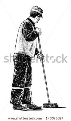 a man sweeping the floor with a mop hand drawn illustration on white background, black and