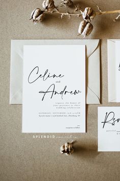 the wedding stationery is laid out on top of each other, including two cards and an envelope