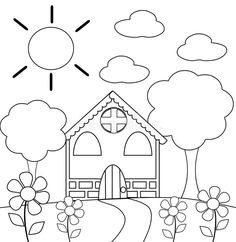 a house in the countryside with trees and flowers coloring page for children royalty illustration on white background