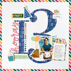 a birthday card with the letter g in it's center surrounded by photos and papers