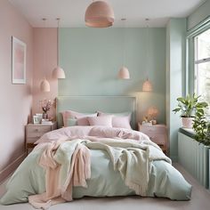 a bedroom with pastel colors and pink accents is pictured in this image, there are two lamps hanging above the bed