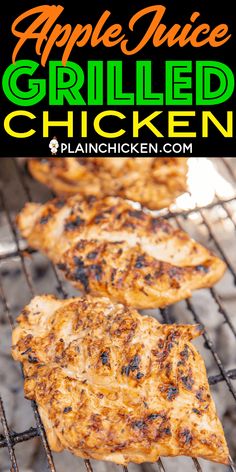 grilled chicken on the grill with text overlay that reads apple rice grilled chicken