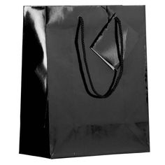 a black shopping bag with a chain on the handle is shown against a white background