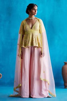 Shop for Angad Singh Yellow Organza Peplum Kurta Sharara Set for Women Online at Aza Fashions Peach Sharara, Organza Sharara, Embroidery Mirror, Sharara Set, Net Dupatta, Indian Fashion Designers, Indian Fashion Dresses, Mirror Work, Set Design