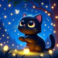 a black cat sitting in the grass next to a tree with glowing lights on it