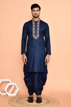 Navy blue straight kurta with floral embroidered placket. Paired with a blue draped dhoti pant. - Aza Fashions Dhoti Pants For Men, Kurta With Dhoti, Blue Drapes, Kurta Cotton, Kurta Patterns, Blue Kurta, Dhoti Pants, Tarun Tahiliani, Straight Kurta