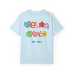 Delta Zeta Scrapbook Sorority Comfy T-shirt Blue Cropped Graphic Tee With Letter Print, Trendy Blue Cropped T-shirt With Letter Print, Blue Letter Print Cropped T-shirt For Spring, Spring Blue Cropped T-shirt With Letter Print, Blue Cropped T-shirt With Letter Print For Spring, Cute Slogan Cropped T-shirt For Summer, Cute Short Sleeve T-shirt With Letter Print, Playful Logo Print T-shirt For Streetwear, Cute Cropped T-shirt With Letter Print And Crew Neck